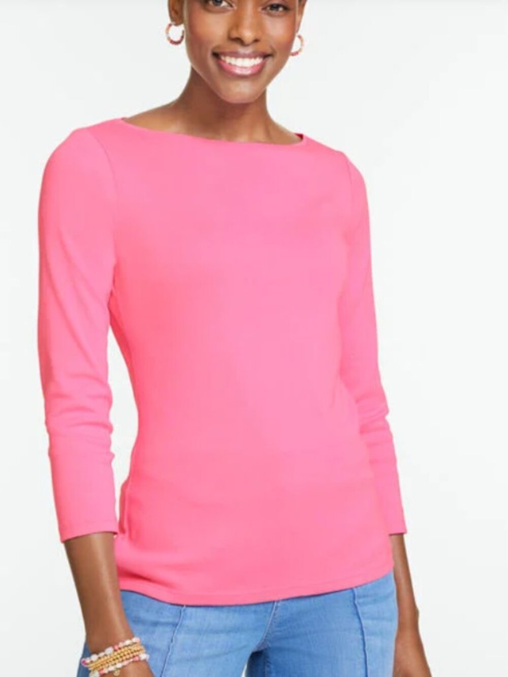 Talbots 3/4 Sleeve Pink Bateau Neck Cotton Tee Asst Szs